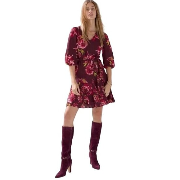 WHBM Elbow-Sleeve Godet Dress Women’s Size 2 Floral Chiffon Sash Tie $180 - Picture 1 of 11